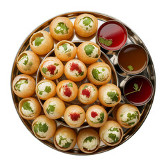 ''Top-down shot of a round platter filled with fuchkas (pani puri).''