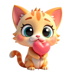 Fototapeta premium Cute animated kitten character with large blue eyes holding a pink heart-shaped balloon, sitting with a playful expression, orange striped fur, pink inside ears, and a small pink nose