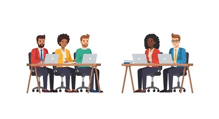 Fototapeta premium Diverse Team Working Together at Desks with Laptops, Collaboration and Communication