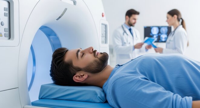 A male patient undergoes a modern MRI scan, with medical professionals in the background, symbolizing advanced diagnostics and healthcare.