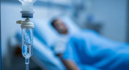 Close-up of a clear IV drip chamber with fluid, symbolizing medical treatment, recovery, and healthcare. A patient is blurred in the background.