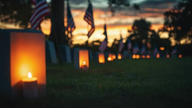 Flags wave gently in the breeze at a national cemetery during Memorial Day, honoring those who served in the military.