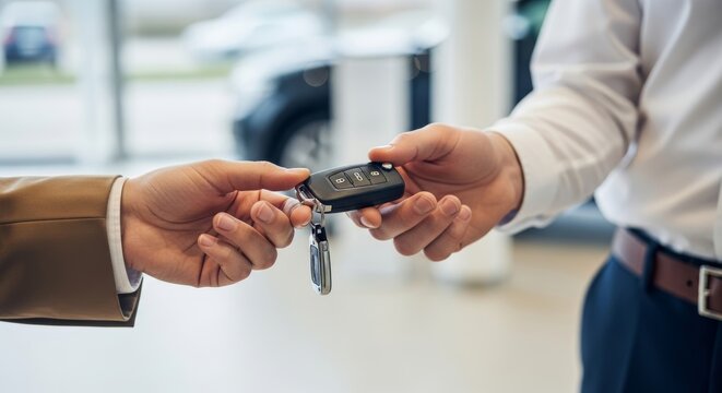 Close-up of two hands exchanging a car key, symbolizing a car purchase, rental, or handover. Ideal for automotive, real estate, and transaction themes.
