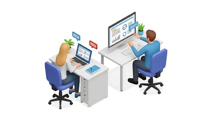 Two Colleagues Collaborating on Data Analysis Using Laptops and a Computer