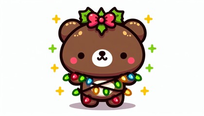 Fototapeta premium Cute Brown Bear with Christmas Lights and Holly