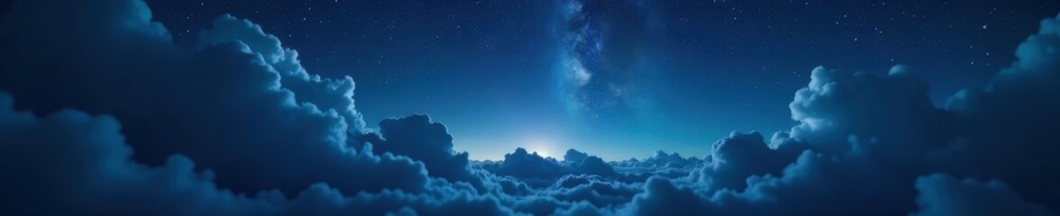 Inky black night sky, heavy clouds, distant starlight piercing through , star cluster, distant stars, night sky background