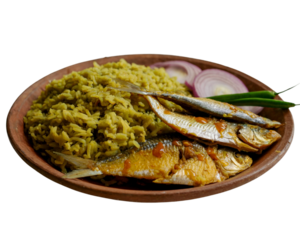 ''Panta Bhaat with Fried Hilsa and Mustard Oil on Clay Plate – Top-Down Shot.''