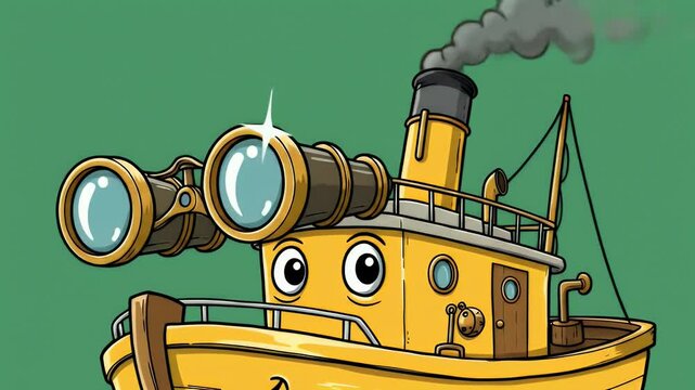 Smiling yellow tugboat character with binoculars