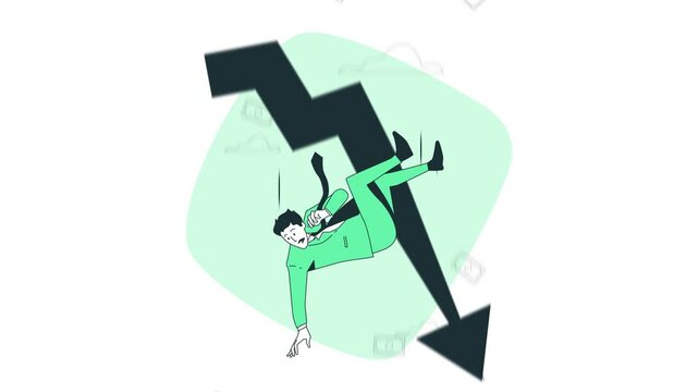 man going bankrupt, downward arrow money dropping