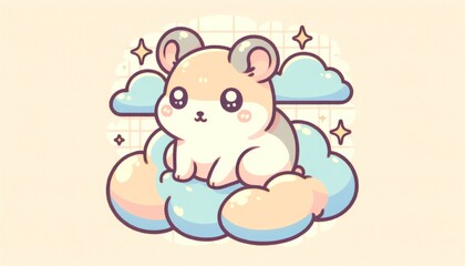 Fototapeta premium Cute Cartoon Hamster on Pastel Clouds