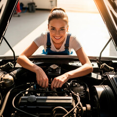 Obraz premium A smiling young female mechanic works on a vintage car engine in a brightly lit garage, captured from a unique overhead perspective.