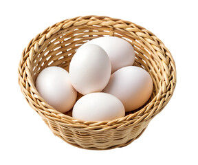 Fresh eggs nestled in a wicker basket isolated on transparent background