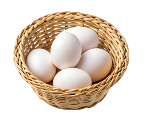 Fresh eggs nestled in a wicker basket isolated on transparent background