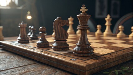 Wooden chess pieces, including the king and queen, are set on a chessboard, ready for a strategic game of competition and intellectual challenge