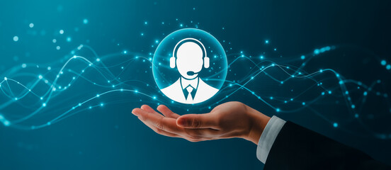 Customer support service hand holding icon with headset technology for online assistance help desk agent