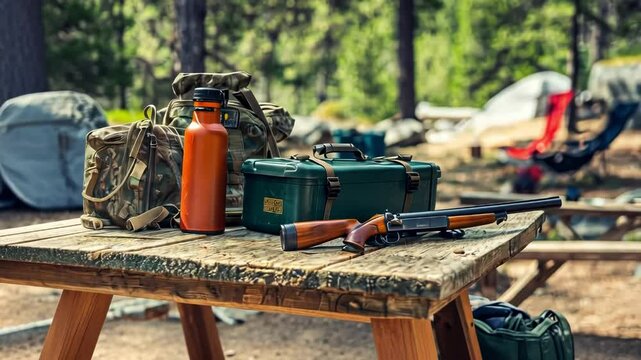 A rustic setup showcasing hunting gear in a scenic outdoor campsite.