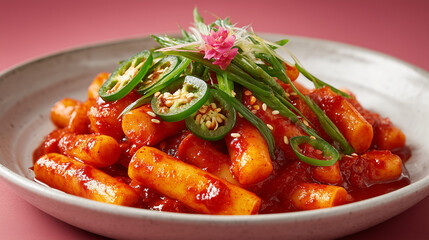 spicy Korean tteokbokki, chewy rice cakes coated in rich vibrant red gochujang sauce, served on a white modern ceramic plate fully visible in the frame