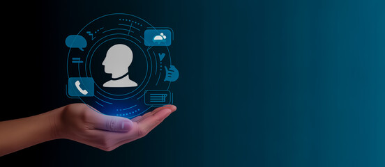 Fototapeta premium Hand holding AI technology interface for customer service and support communication concept design