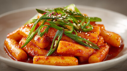 spicy Korean tteokbokki, chewy rice cakes coated in rich vibrant red gochujang sauce, served on a white modern ceramic plate fully visible in the frame