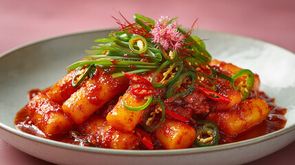 spicy Korean tteokbokki, chewy rice cakes coated in rich vibrant red gochujang sauce, served on a white modern ceramic plate fully visible in the frame