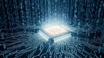 A glowing microchip sits at the center of a circuit board with binary code falling around it - Powered by Adobe