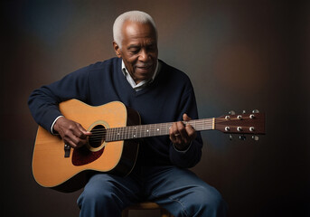 Obraz premium Elderly African American man joyfully playing acoustic guitar in relaxed setting