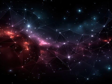 Abstract digital illustration of a nebula with interconnected stars and polygons.  A complex network of lines and shapes creates a sense of depth and vastness