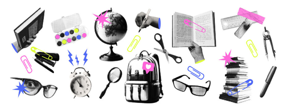 Trendy education concept halftone collage. Set elements with school supplies back, globe, books, glasses, pencil. Retro vector illustration for mixed media design isolated on transparent background.