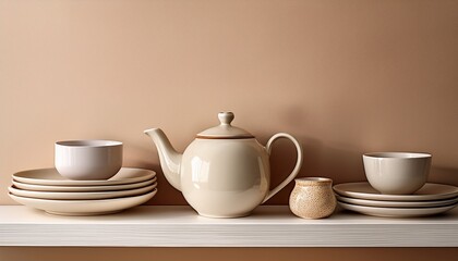 ceramic dishes and teapot on white shelf against beige wall