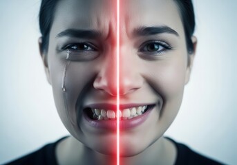 Mixed emotions: woman with half smiling half crying face split by red line