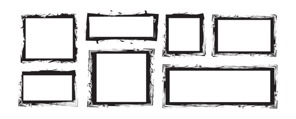Set of Rectangle Brush stroke frame, ink paint brush, grunge box. Black square shapes with brush borders. Vintage grunge boxes for collage, text, banner, poster design. 