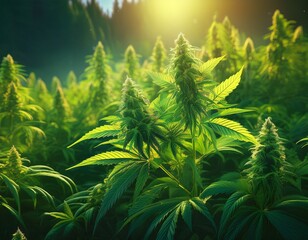 a vibrant green cannabis plant thrives amidst a lush field of its brethren bathed in soft natural light the detailed leaves and budding flowers showcase the plant s healthy growth generative ai