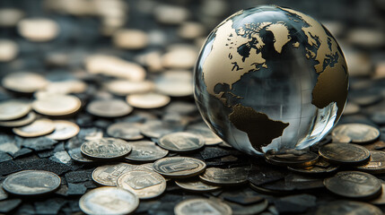 crystal clear glass globe and coins scattered around, economy and global business concept.
