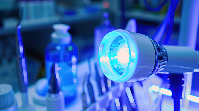 Close-up of UV light device emitting blue glow on clear skin, dermatology treatment for acne or skin disinfection, medical technology and skincare concept.