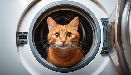cat is looking out of a washing machine door the cat is orange and has a curious expression on its face international cat day