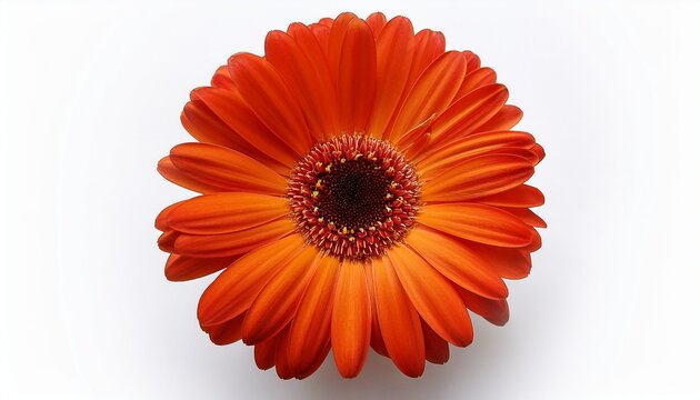 vibrant orange gerbera daisy with burgundy center on white perfect for spring designs optimistic themes beauty product ads or elegant wedding invitations