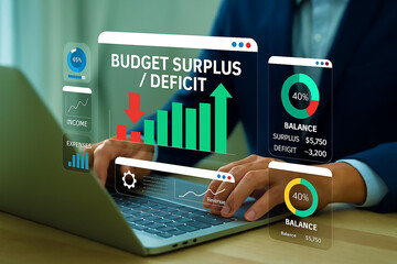 Hands on a laptop visualizing government or business budget trends. Floating charts contrast surplus with deficit, showing income vs spending clearly.