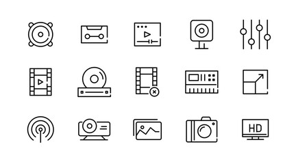 Audio playback linear icon set. Sound, multimedia, volume, Media Control, video, microphone, Music, voice, media and player outline vector icon set. UI thin line icon pack.