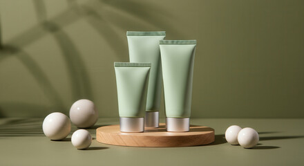Minimalist green skincare product tubes mockup on wooden platform with geometric spheres