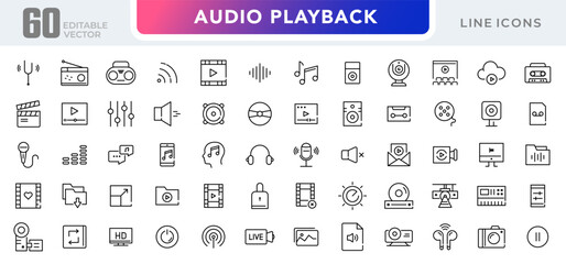 Audio playback linear icon set. Sound, multimedia, volume, Media Control, video, microphone, Music, voice, media and player outline vector icon set. UI thin line icon pack.