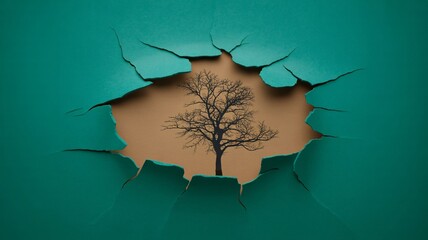 Teal Paper Ripped Revealing a Silhouetted Tree Nature Background Design Element for Art Print or...
