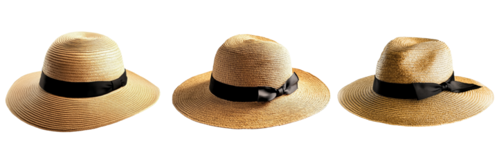 Straw hats displayed outdoors elegant fashion photography in light