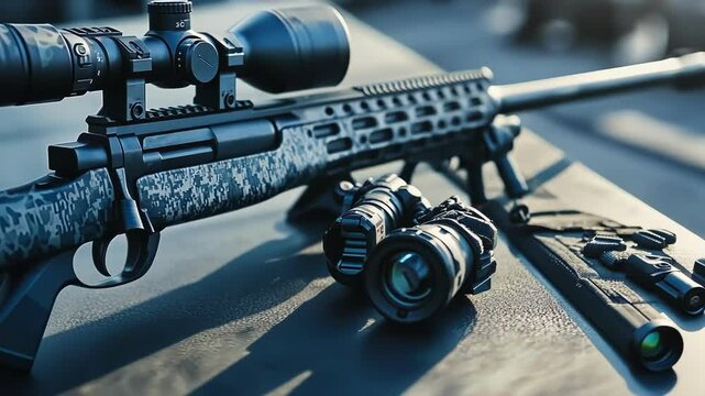 A close-up of a tactical rifle with scope and accessories on display.
