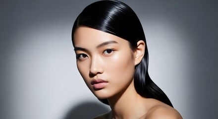 Radiant Beauty Portrait of a Woman with Smooth Skin and Sleek Black Hair
