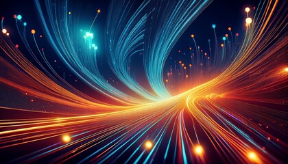 abstract illustration fiber optic cables with light dots mesmerizing pattern of lines curves technology digital network connection cyberspace future modern design glowing futuristic