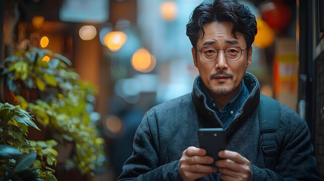 Worried businessman checking his phone in an urban setting
