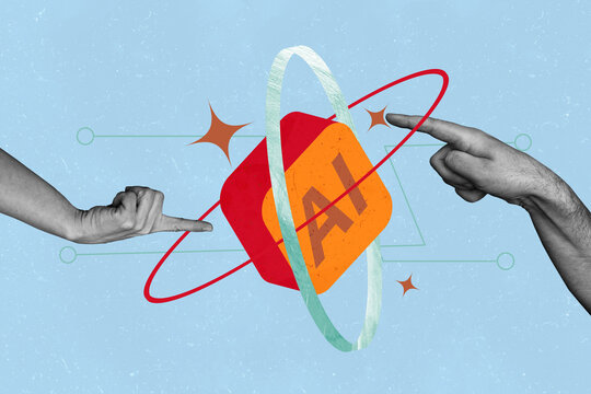 Creative full artwork collage of hands point index finger artificial intelligence app software innovation modern cyber icon