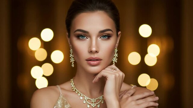 Elegant woman portrait with jewelry beauty fashion model style glamour and bokeh lights