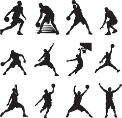 Set of Black Basketball Player Silhouettes on White Background Dribbling, Shooting, Dunking, Passing, Defending, Layup, Jump Shot, Slam Dunk, Blocking, and Clean Vector Design, Flat Sports Icon