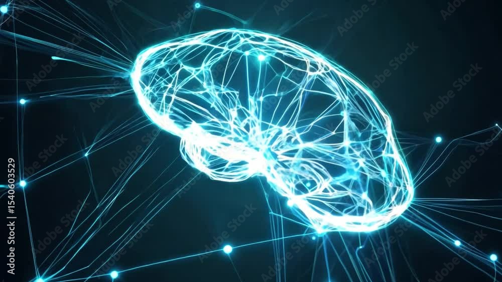 Sticker abstract digital brain with glowing connections and neural network visuals on dark background 4k vid